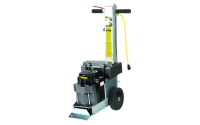 Décolleuse Revêtement de Sol électrique autotractée professionnelle Liberco sur roues avec poignée de guidage et câble jaune.