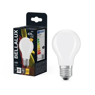 Ampoule LED standard Bellalux E27 blanc chaud équivalent 40W avec emballage.