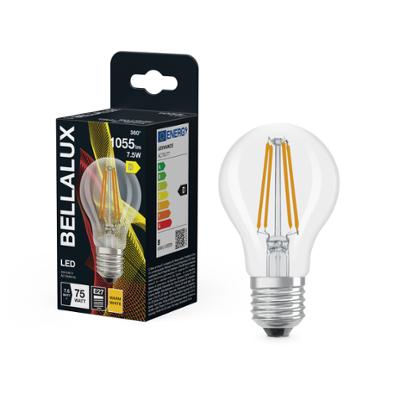 Ampoule LED standard à filament Bellalux E27 transparente blanc chaud équivalent 75W avec emballage.