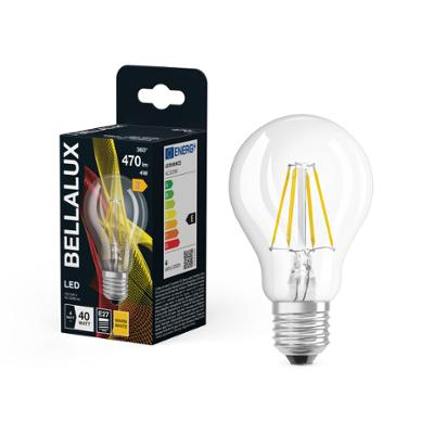 Ampoule LED standard à filament Bellalux E27 transparente blanc chaud équivalent 40W avec emballage.