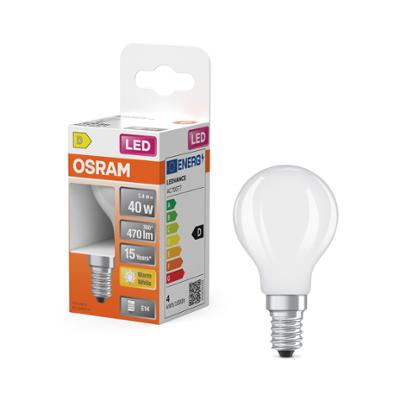 Ampoule LED sphérique Osram E14 blanc chaud équivalent 40W avec emballage.