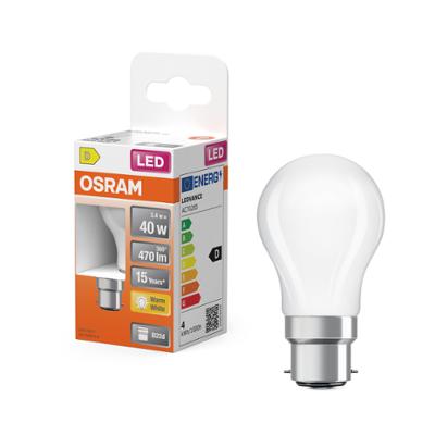 Ampoule LED standard Osram B22d blanc chaud équivalent 40W avec emballage.
