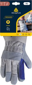 Gant de protection Delta Plus en cuir gris et bleu avec renforts pour travaux de manutention.