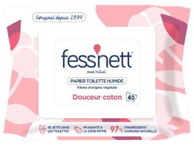 Paquet de 40 lingettes de papier toilette humide Fess'nett Douceur coton aux fibres d'origine végétale.