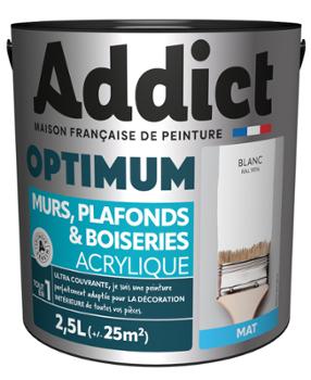 Pot de peinture acrylique Addict Optimum blanc mat de 2,5L pour murs, plafonds et boiseries.