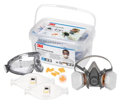 Kit de protection individuelle 3M Safety Starter Box comprenant un masque à cartouches, des masques FFP2, des lunettes de protection et des bouchons d'oreilles.