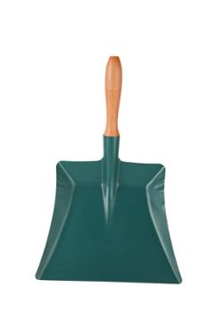 Pelle à poussière en métal vert avec un manche court en bois.