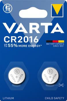 Blister de 2 piles boutons lithium Varta CR2016 avec sécurité enfant.