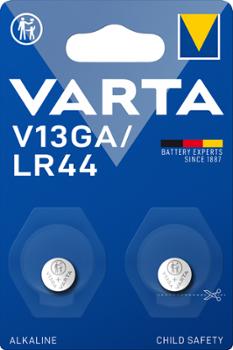 Blister de 2 piles boutons alcalines Varta V13GA / LR44 avec sécurité enfant.