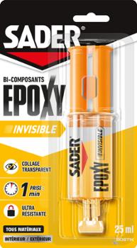 Colle époxy bi-composants Sader Invisible, seringue de 25 ml, prise rapide en 1 minute, pour tous matériaux en intérieur et extérieur.