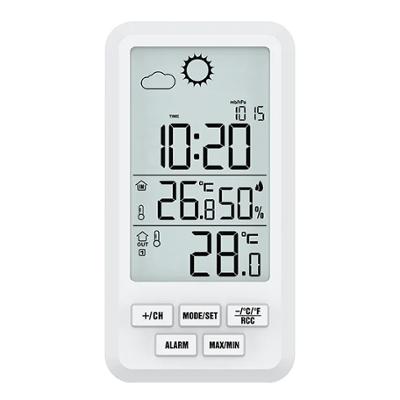 Station météo numérique blanche affichant l'heure, la température intérieure et extérieure, le taux d'humidité et les prévisions météorologiques.