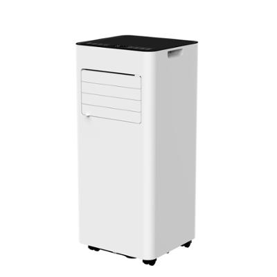 Climatiseur mobile monobloc blanc au design vertical avec grille de ventilation frontale et panneau de commande supérieur noir.