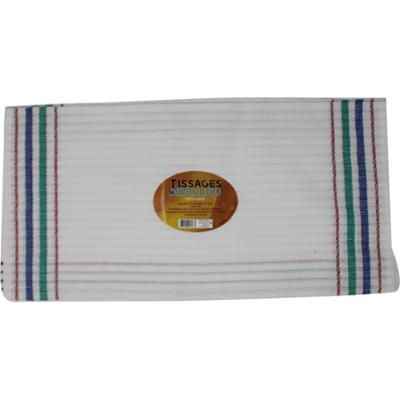 Torchon de cuisine blanc 100% coton Tissages de Beaulieu, avec rayures verticales bleues, vertes et rouges