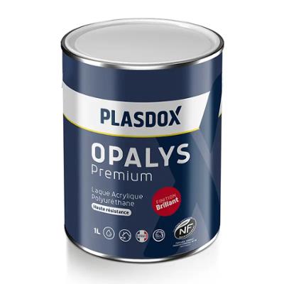 Pot de peinture de 1 litres de laque acrylique polyuréthane Plasdox Opalys Premium, finition brillant, haute résistance, de fabrication française et certifiée NF Environnement.