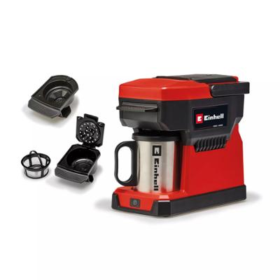 Cafetière sans fil Einhell rouge et noire avec mug en inox, porte-filtre et accessoires amovibles.