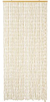 Rideau de porte décoratif en maïs tressé de couleur beige, composé de nombreuses cordes de petits anneaux reliés entre eux.