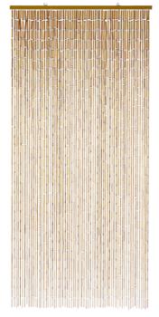 Rideau de porte composé de tubes en bambou naturel reliés par des crochets métalliques, monté sur une barre de support en bois.