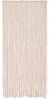 Rideau de porte décoratif composé de fines cordes torsadées de couleur naturelle parsemées de petits éléments blancs, suspendu à une barre de support horizontale claire et présenté intégralement sur un fond blanc épuré.