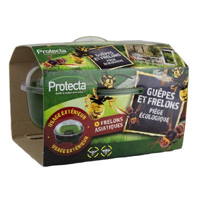 Piège écologique à guêpes et frelons Protecta bicolore pour usage extérieur dans son emballage cartonné.
