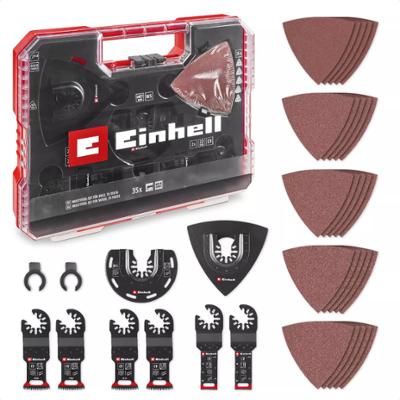 Coffret d'accessoires Einhell de 35 pièces pour outil multifonction comprenant des lames de scie et des feuilles abrasives delta.