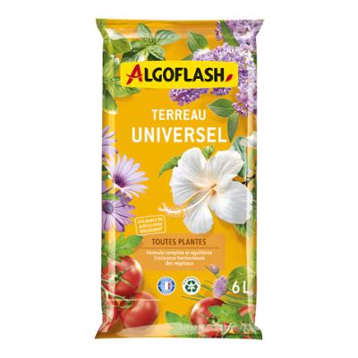 Sac de 6 litres de terreau universel Algoflash pour toutes plantes, utilisable en agriculture biologique.
