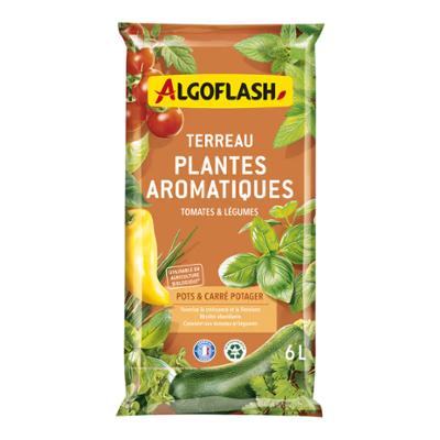 Sac de 6 litres de terreau Algoflash pour plantes aromatiques, tomates et légumes, utilisable en agriculture biologique.