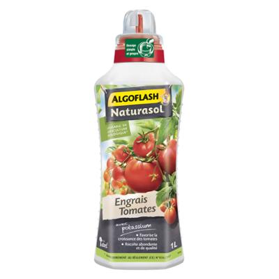 Flacon de 1 litre d'engrais tomates Algoflash Naturasol avec potassium, utilisable en agriculture biologique.
