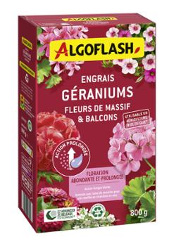 Boîte de 800 g d'engrais Algoflash pour géraniums, fleurs de massif et balcons, avec laine de mouton pour une action prolongée.