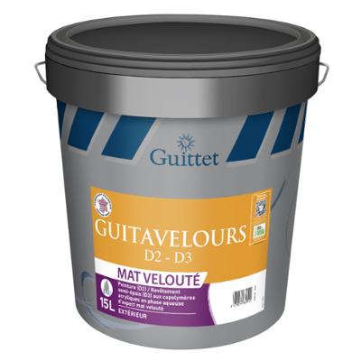 Seau de 15 litres de peinture extérieure Guittet Guitavelours D2-D3, revêtement mat velouté en phase aqueuse.