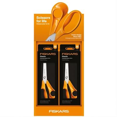 Display de 10 ciseaux universels Classic orange 21 cm pour droitiers, avec lames en acier inoxydable