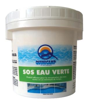 Boite de 500 g de SOS Eau Verte de Quimicamp pour le traitement des eaux de piscine.