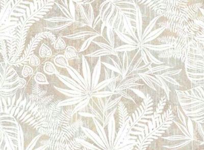 Nappe tissu enduit toile tissée beige avec motif feuillage blanc en rouleau de 140 cm x 20 m, imperméable et facile d'entretien