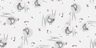 Toile cirée au métrage Déco fond blanc motifs poules et petites fleurs 140 cm x 20 m, imperméable et facile d'entretien.