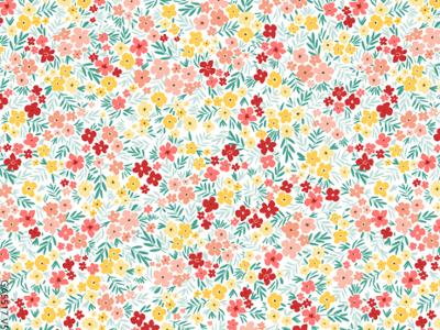 Toile cirée Déco imprimée avec un motif floral dense et coloré composé de petites fleurs rouges, roses, jaunes et corail mêlées à un feuillage vert délicat sur fond clair, dans un esprit champêtre et romantique, dimensions 140 cm x 20 m, imperméable et facile d’entretien.
