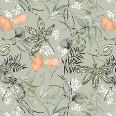 Toile cirée Déco imprimée avec un motif botanique raffiné mêlant feuillages graphiques, fleurs délicates et feuilles de ginkgo aux tons vert sauge, noir et pêche sur fond vert tendre, dans un style naturel et élégant, dimensions 140 cm x 20 m, résistante aux taches et simple à nettoyer.