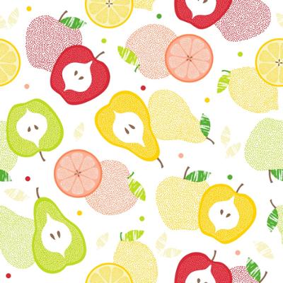 Toile cirée Déco imprimée avec un motif fruité et vitaminé mêlant pommes, poires, agrumes et feuillages colorés sur fond blanc, dimensions 140 cm x 20 m, résistante au quotidien et facile à entretenir.