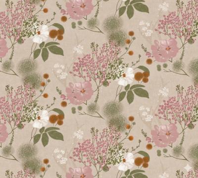 Toile cirée Déco imprimée avec un motif floral romantique mêlant fleurs roses, feuillages verts et petites baies délicates sur fond beige naturel, dans un esprit champêtre et raffiné, dimensions 140 cm x 20 m, parfaite pour une table élégante et un entretien sans contrainte.