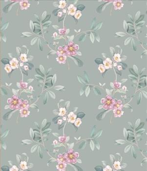 Protège table au motif floral délicat composé de fleurs roses et feuillages vert sauge sur fond gris doux, pour une ambiance romantique et apaisante, dimensions 140 cm x 20 m, pratique et facile d’entretien.