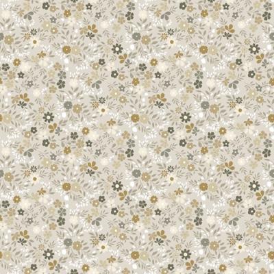 Protège table imprimé avec un motif liberty composé d’une multitude de petites fleurs et feuillages aux tons beige, écru, taupe et kaki sur fond clair, pour une ambiance douce et naturelle au charme intemporel, dimensions 140 cm x 20 m, conçu pour protéger efficacement la table et faciliter l’entretien au quotidien.