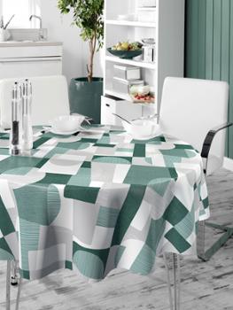Nappe ronde 160 cm au motif graphique contemporain vert, blanc et gris, composé de formes géométriques modernes pour une décoration dynamique et élégante.