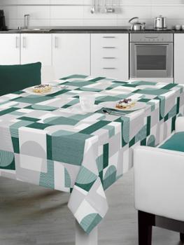Nappe rectangulaire 140 cm x 240 cm au motif graphique contemporain vert, blanc et gris, composé de formes géométriques modernes pour une décoration dynamique et élégante.