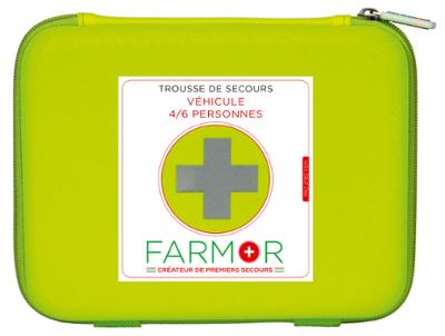Trousse de secours compacte pour véhicule, adaptée 4 à 6 personnes, avec matériel de premiers soins d'urgence.